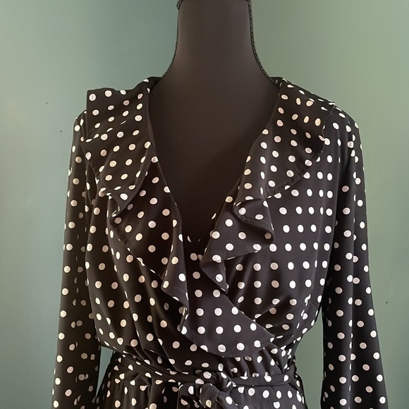 Chaps Black mock wrap Dress with White Dots - Picture 4 of 6
